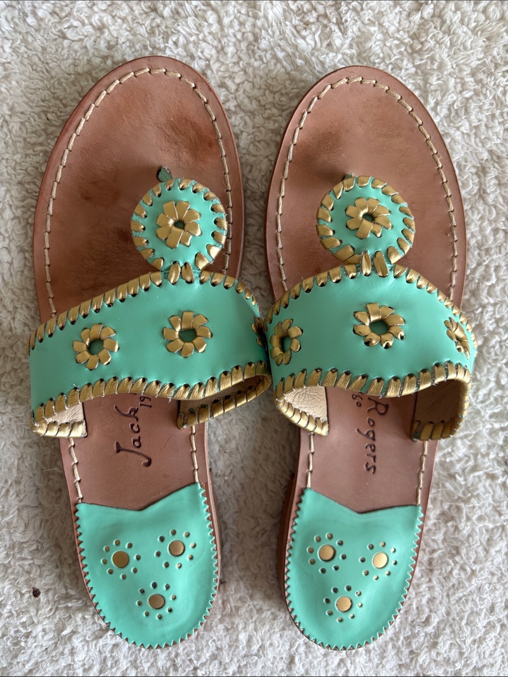 Jack Rogers Mint Green Leather Sandals with Gold Accents